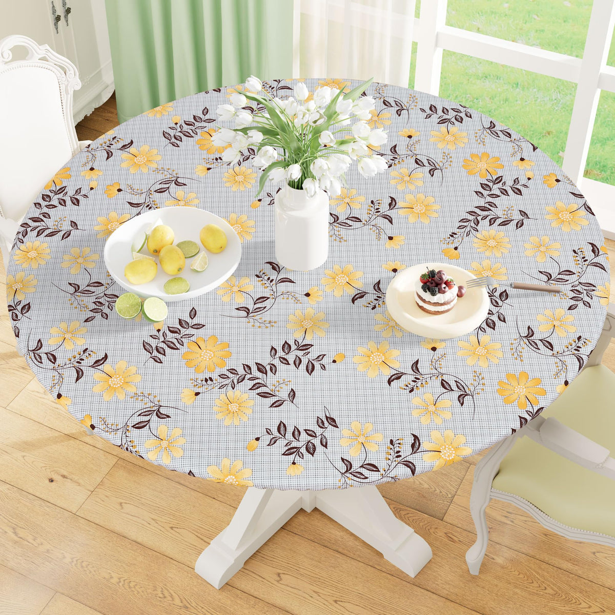 misaya Round Fitted Tablecloth with Elastic Edge, 100% Waterproof Oil Proof Plastic Table Cover, Vinyl Flannel Backed Tablecloth Fits 36"-44" Round Tables for Dinner, Outdoor, Picnic, Flowers