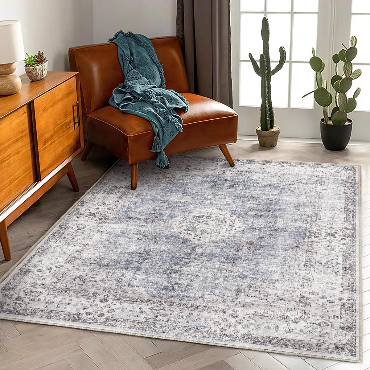 CHAMPLANT 6'x9' Washable Vintage Area Rug Boho Chic Medallion Distressed Design Non-Shedding Easy Care Ideal for High Traffic Areas in Living Room Bedroom Kitchen Office Large Carpet
