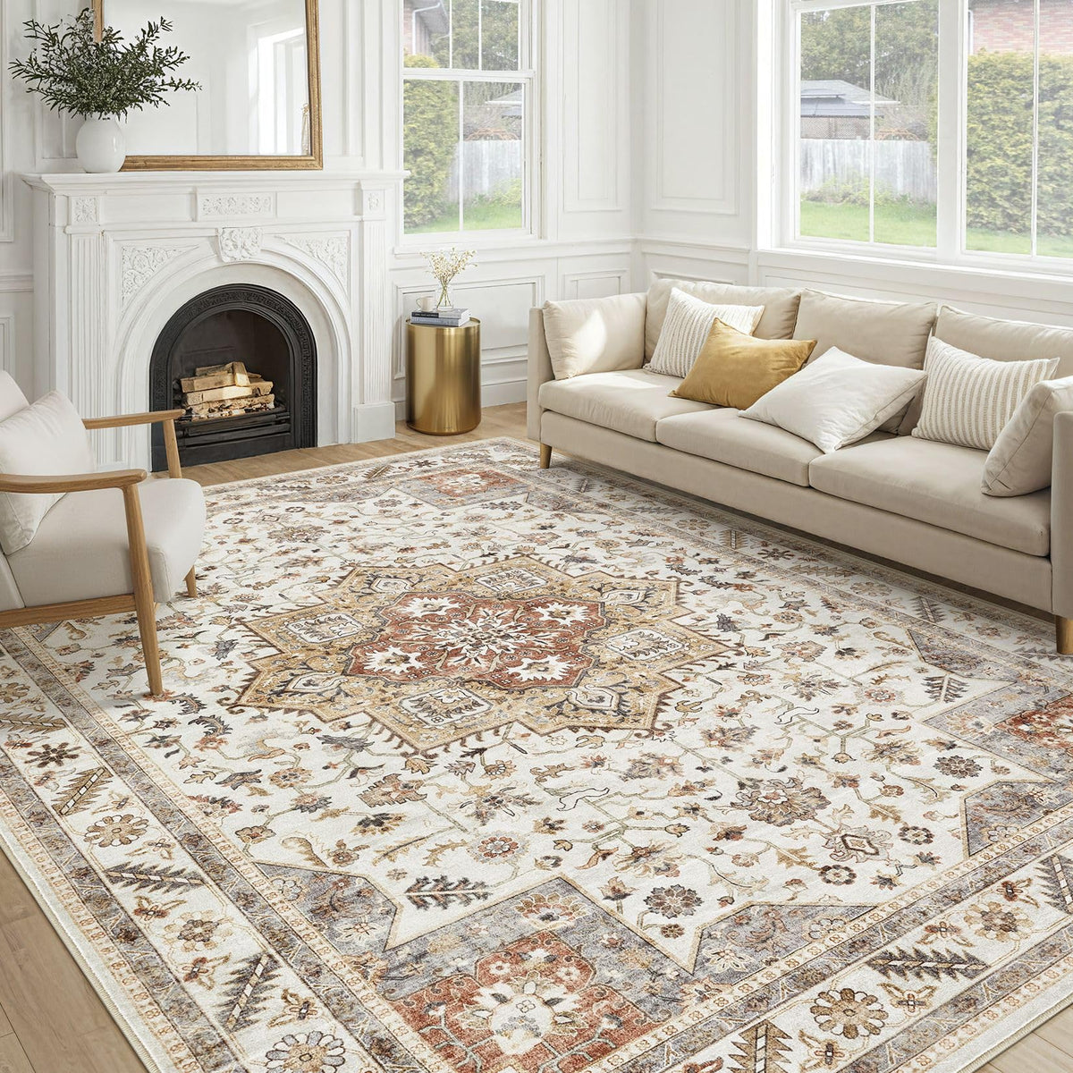 cotiled 5x7 Area Rug for Living Room, Washable, Traditional, Beige