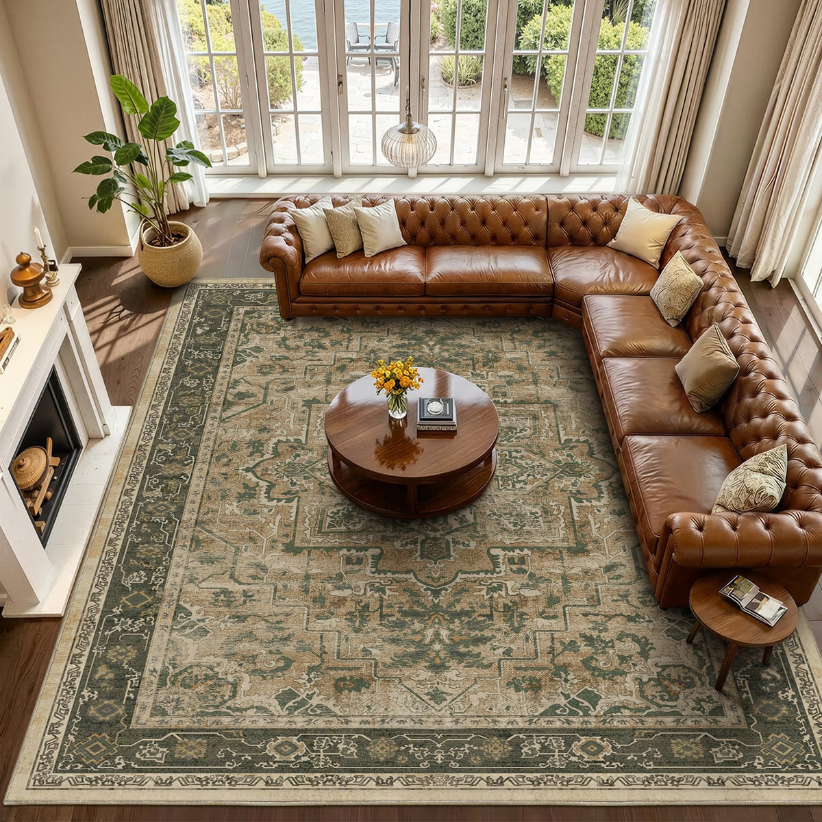 Vintage Dark Green Area Rugs 5x7 for Living Room, Tranditional Distressed Medallion Printed Low Pile Thin Rugs for Bedroom, Non Slip Washable Carpet Rugs for Dining Room/Kitchen/Home Office