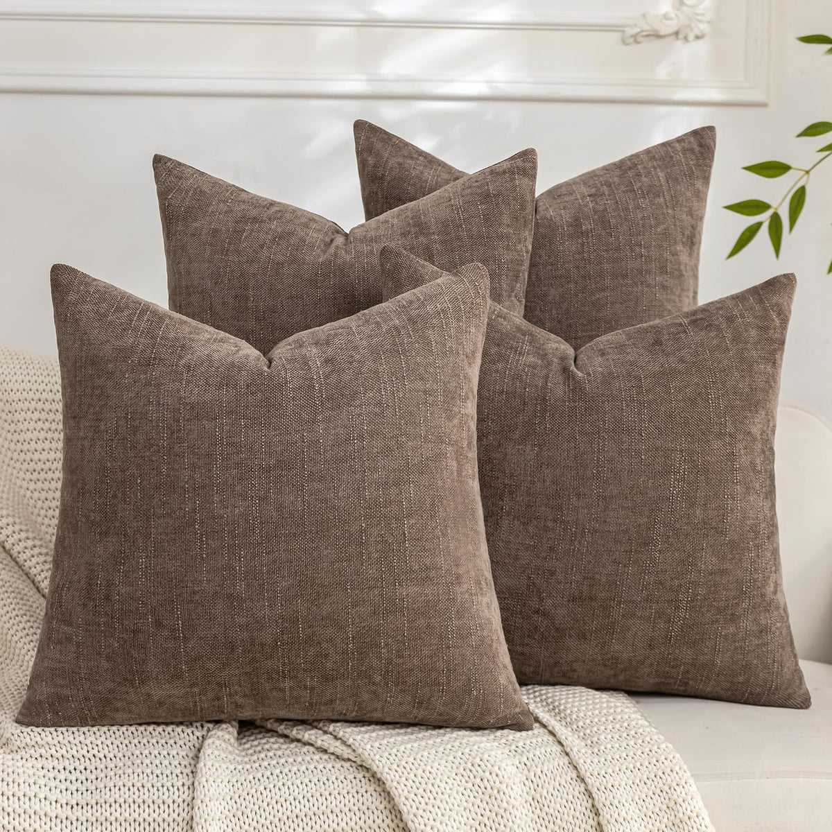 Set of 4 Soft Textured Throw Pillow Covers 18x18 Inch Cozy Decorative Farmhouse Cushion Cover Square Accent Pillow Cases for Bed Couch Sofa Living Room, Beige Taupe Brown