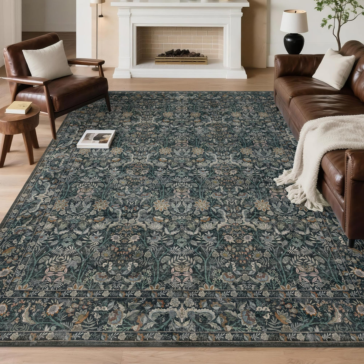Vintage Botanical Area Rug 8x10: Floral Carpet Non-Slip - Dark Green