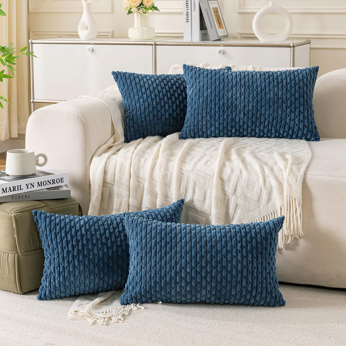 Set of 4 Neutral Decorative Throw Pillow Covers 18x18 Inch Corduroy Pillow Covers for Bed Couch Sofa Living Room Soft Square Cushion Cases
