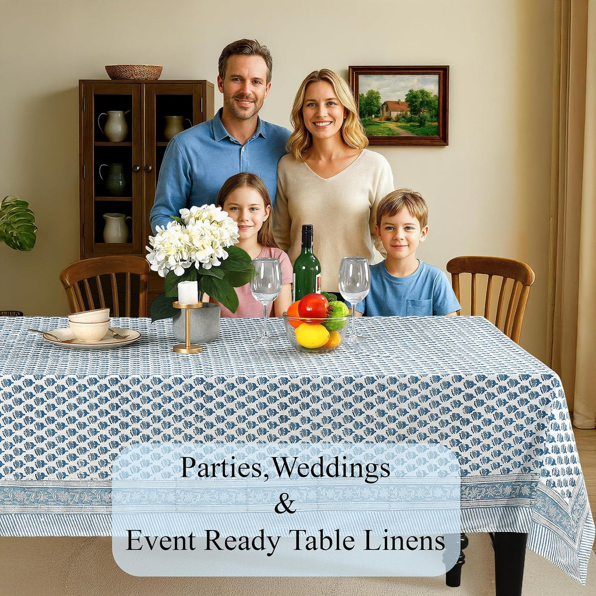 CPC Tablecloth 100% Cotton 70x108 Inch Indian Block Print Rectangle Table Cover, Blue Table Cloth for Weddings, Spring/Summer, Barbeque - Apatite Blue