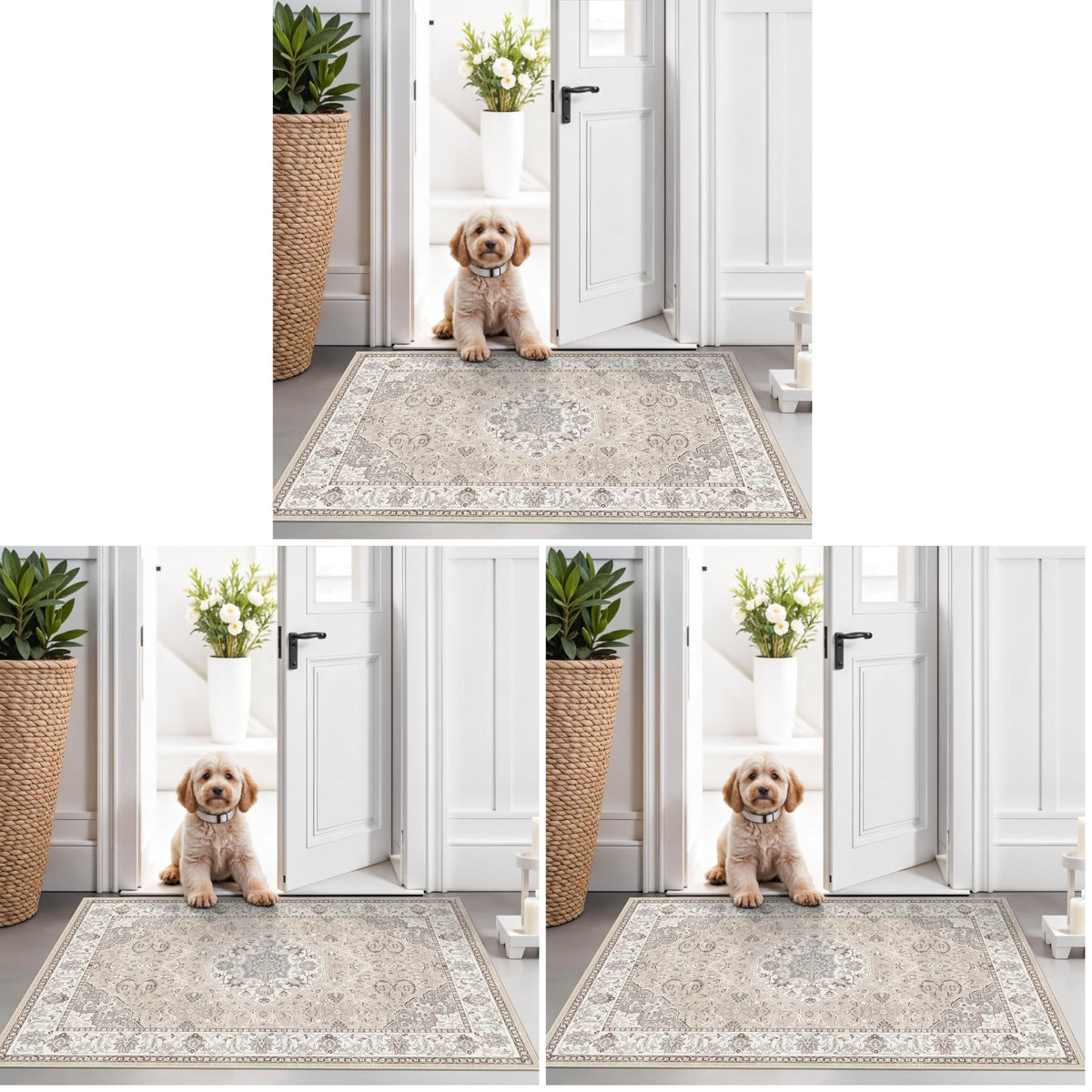 Hallway Washable Runner Rug - 2x10 Kitchen Rugs Entryway Rug Runner Vintage Soft Floor Mat Non Slip Indoor Farmhouse Carpet for Bathroom Living Room Bedroom (2 X 10, Beige)