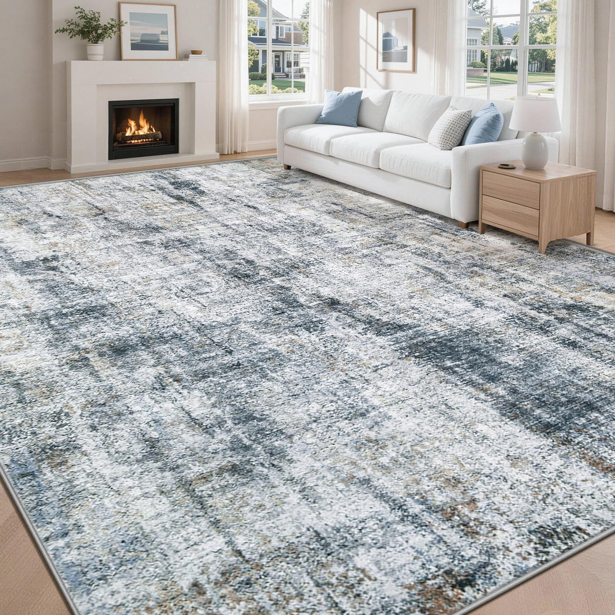 MXSANYOO 8x10 Area Rugs Washable Rug: Abstract Neutral Rugs Modern Non Slip Area Rug Stain Resistant Low Pile Indoor Carpet for Dining Room Bedroom Nursery Office (Multi Blue, 8'x10')