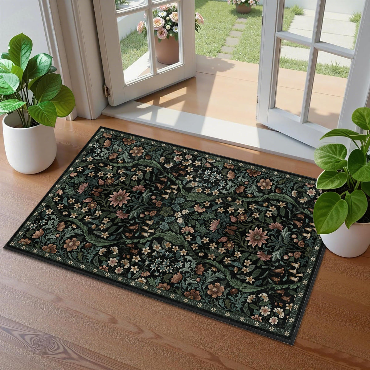 Floral Area Rug 5x7 Botanical Washable Carpet for Living Room