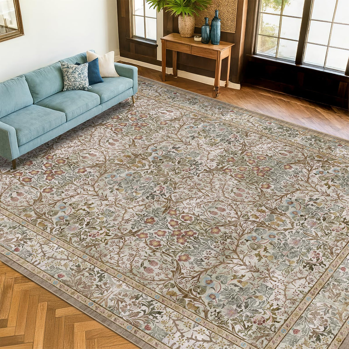 Vintage Floral Dark Green 3x5 Area Rugs for Entryway, Kitchen, Bedroom Beside Rug, Laundry Room, Non-Slip Low Pile Ultra Soft Stain Resistant Small Carpet