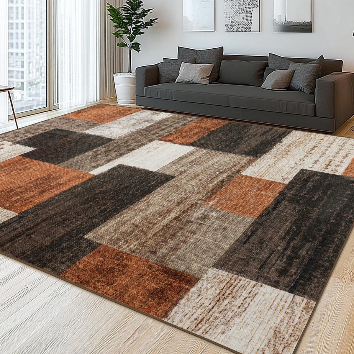 Modern Geometric Patchwork Indoor Area Rug for Living Room, Chocolate 5'x 7' Large Rug Rockwood Collection Hardwood Floors Decor for Bedroom, Brown Throw Carpet for Office Entryway Dining Room