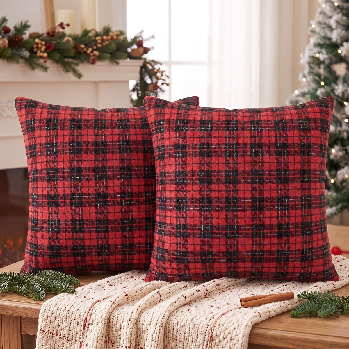 AVOIN colorlife Fall Caramel Brown Plaid Decorative Throw Pillow Covers, 18 x 18 Inch Holiday Scottish Tartan Cushion Case Farmhouse Decoration for Sofa Couch Set of 2