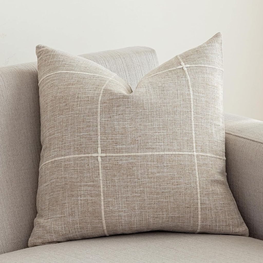 vctops Rustic Lattice Cotton Linen Decorative Throw Pillow Cover Embroidery Square Cushion Cover Pillowcase for Sofa Bedroom Couch (Plaid Coffee,18"x18")