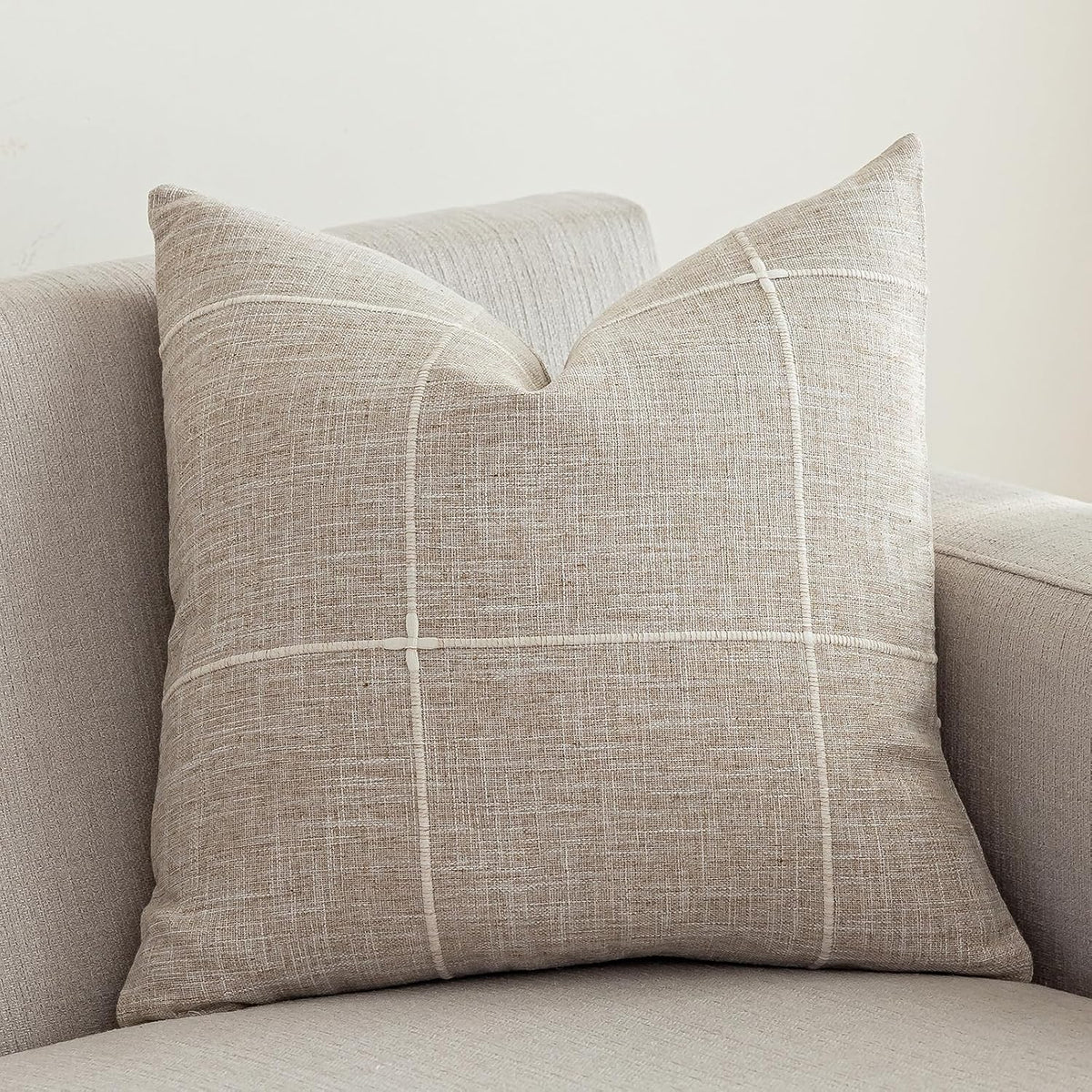 vctops Rustic Lattice Cotton Linen Decorative Throw Pillow Cover Embroidery Square Cushion Cover Pillowcase for Sofa Bedroom Couch (Plaid Coffee,18"x18")