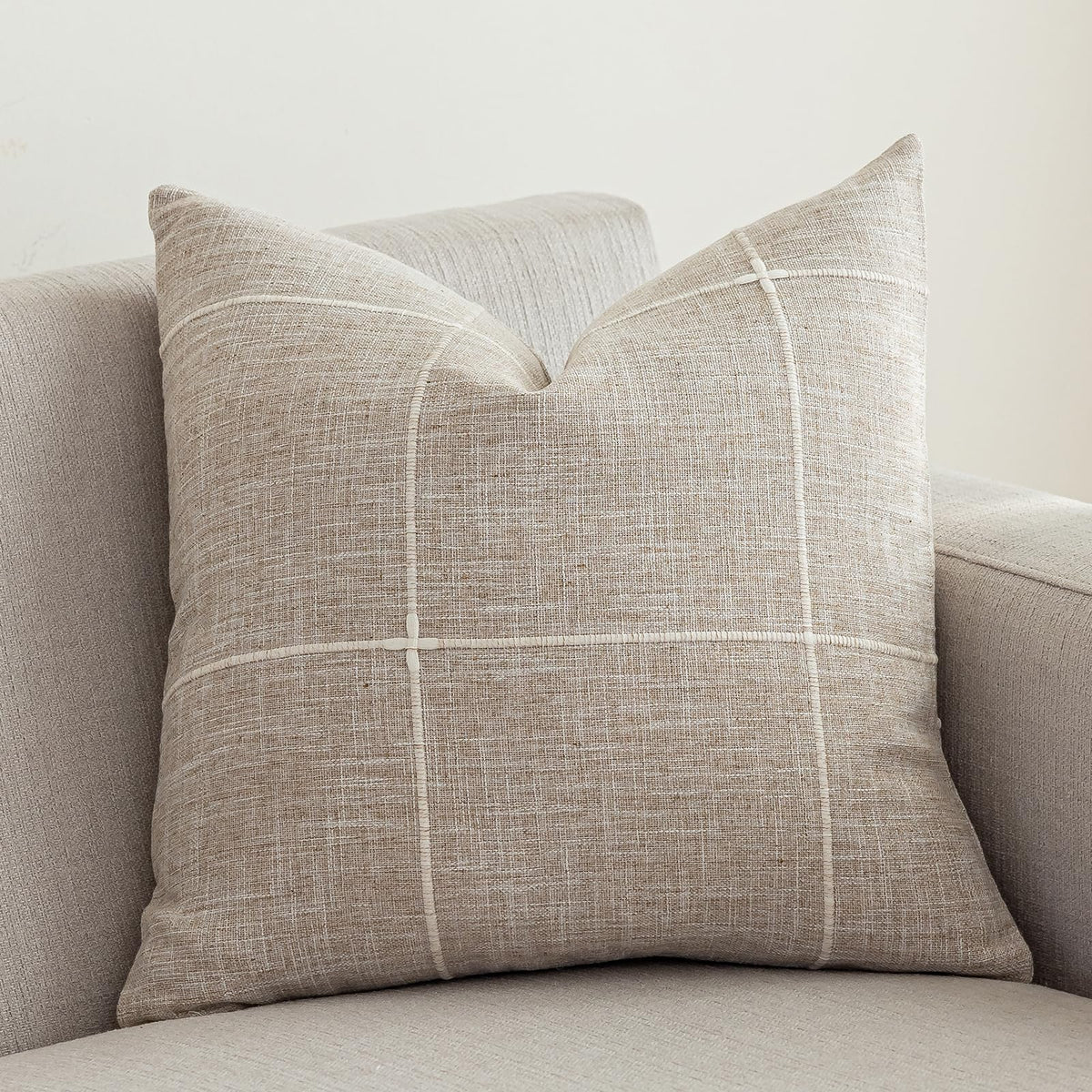 vctops Rustic Lattice Cotton Linen Decorative Throw Pillow Cover Embroidery Square Cushion Cover Pillowcase for Sofa Bedroom Couch (Plaid Coffee,18"x18")