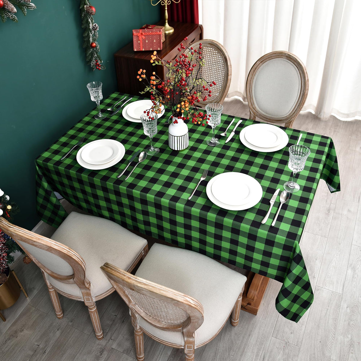 Waterproof Checkered Tablecloth Fabric - Rectangle 58x84 Inch Classic Gingham Buffalo Plaid Table Cloth for Indoor/Outdoor Use - Washable Table Cover for Kitchen, BBQs, and Parties