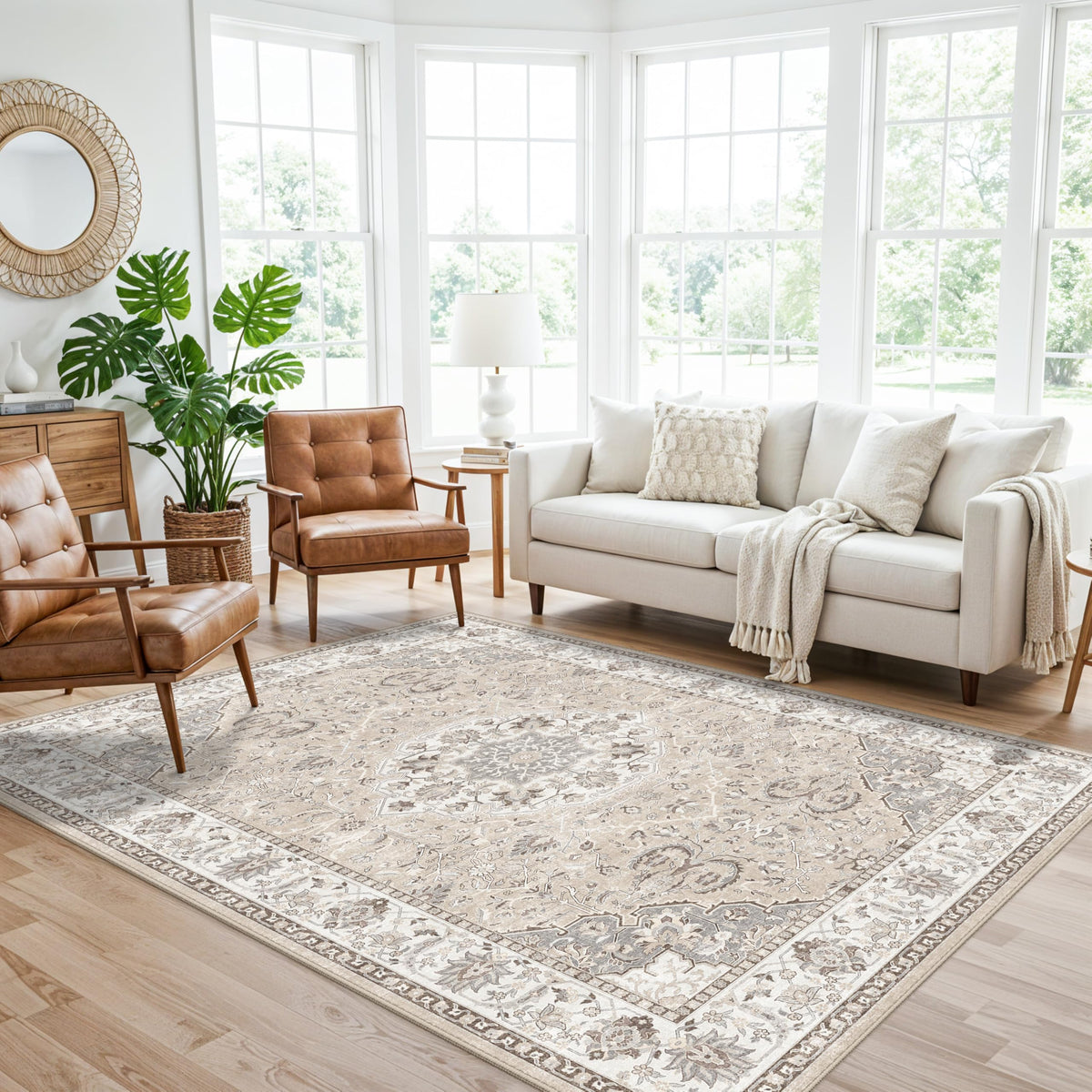Hallway Washable Runner Rug - 2x10 Kitchen Rugs Entryway Rug Runner Vintage Soft Floor Mat Non Slip Indoor Farmhouse Carpet for Bathroom Living Room Bedroom (2 X 10, Beige)
