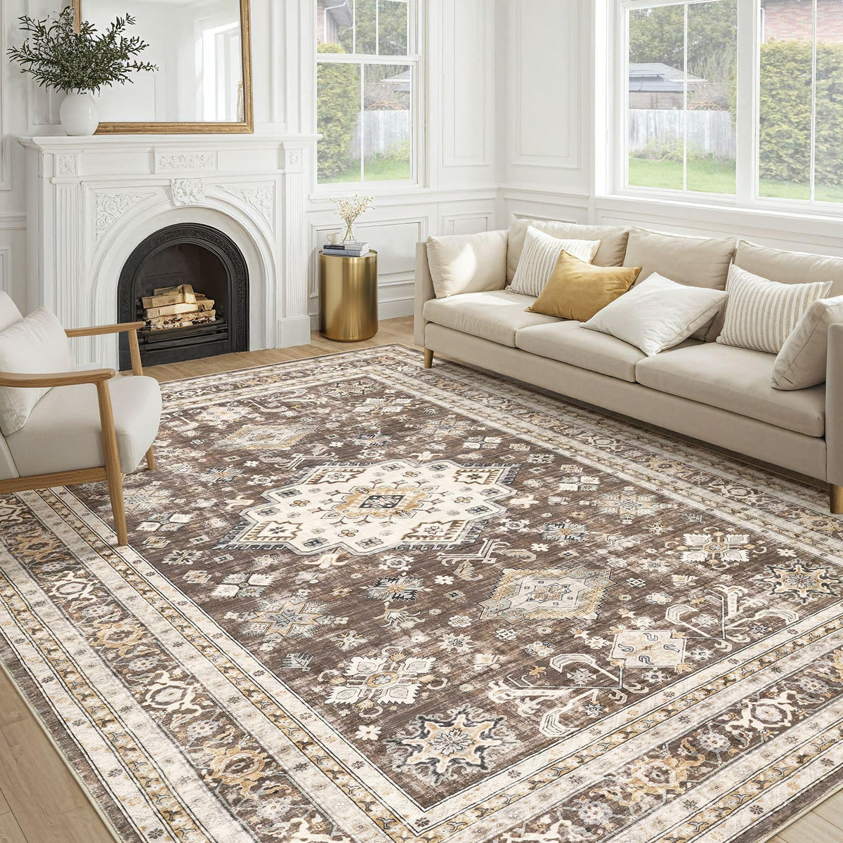 cotiled 5x7 Area Rug for Living Room, Washable, Traditional, Beige