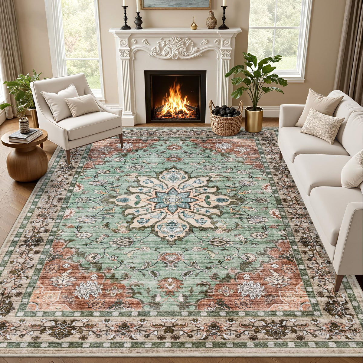 5x7 Area Rugs Living Room: Washable Vintage Rug for Bedroom Beige