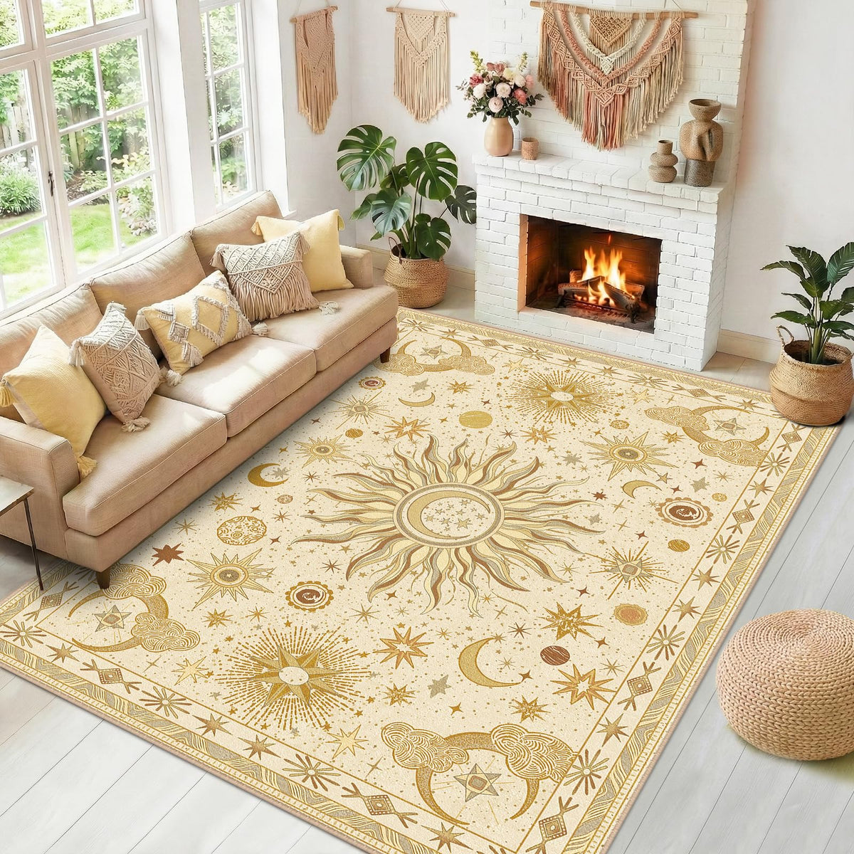 Vacuum-Friendly, 5x7 Washable Area Rug, Black Gold Beige Red