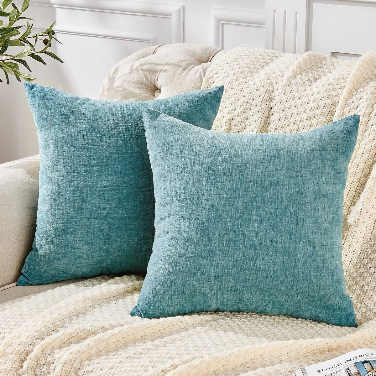 GAWAMAY Decorative Throw Pillow Covers 16x16 Inch Set of 2, Super Soft Chenille Square Pillows Farmhouse Fall Pillowcase for Living Room Bedroom Sofa Couch Cushion Cover Navy Blue 40x40cm