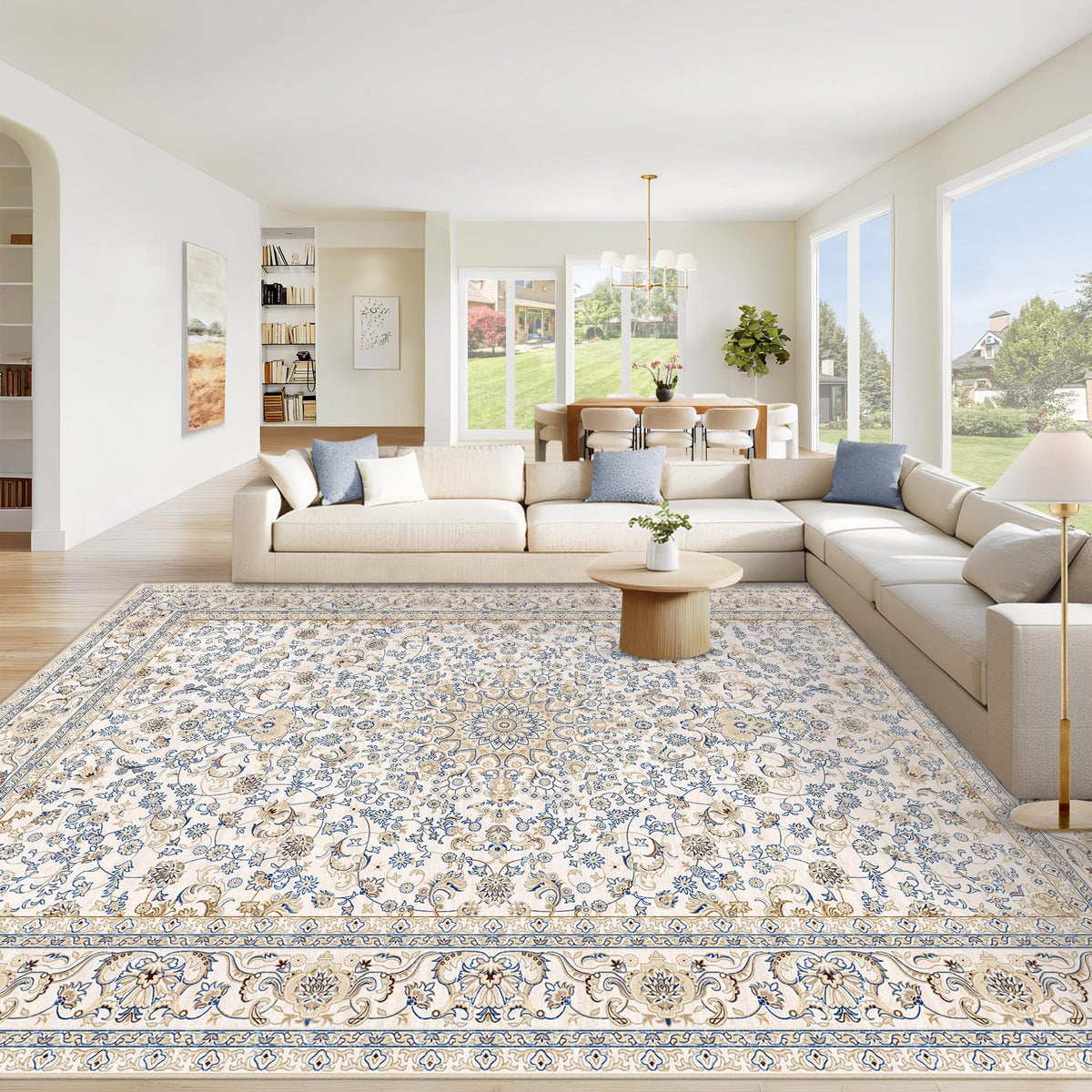 Area Rug 8x10 Washable Rug, Vintage Boho Medallion Rugs Non-Slip Soft Low Pile Large Distressed Rug Indoor Retro Carpet for Living Room Bedroom Dining Room Office Children's Room(Beige, 8'x10')