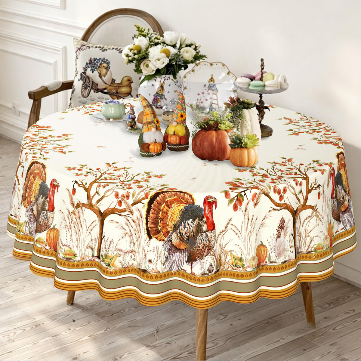 Fall Thanksgiving Double Border Decoration Tablecloth, Turkey & Pumpkin Harvest Tablecloths, Waterproof Table Cover for Dinner Kitchen Party Holiday Decorations Oval 54 x 72 Inch