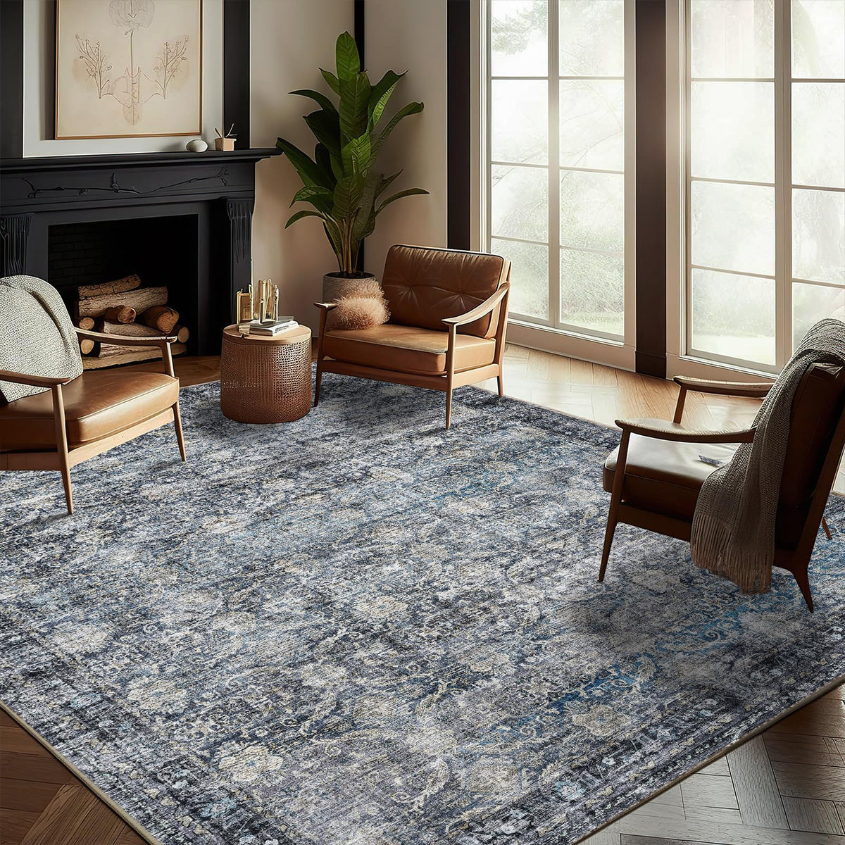 CHAMPLANT 6'x9' Washable Vintage Area Rug Boho Chic Medallion Distressed Design Non-Shedding Easy Care Ideal for High Traffic Areas in Living Room Bedroom Kitchen Office Large Carpet