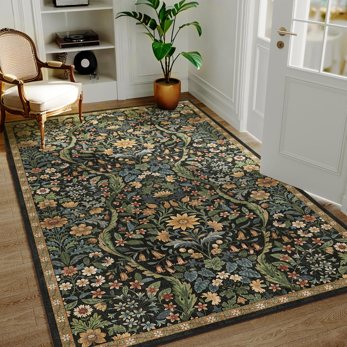 Floral Area Rug 5x7 Botanical Washable Carpet for Living Room