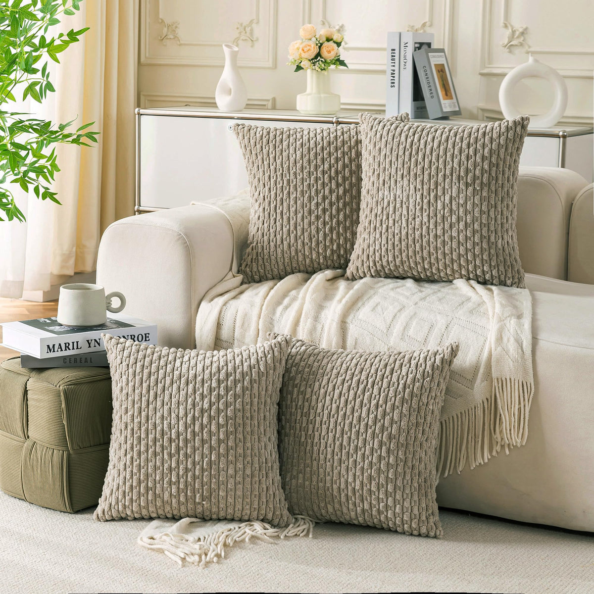 Set of 4 Neutral Decorative Throw Pillow Covers 18x18 Inch Corduroy Pillow Covers for Bed Couch Sofa Living Room Soft Square Cushion Cases
