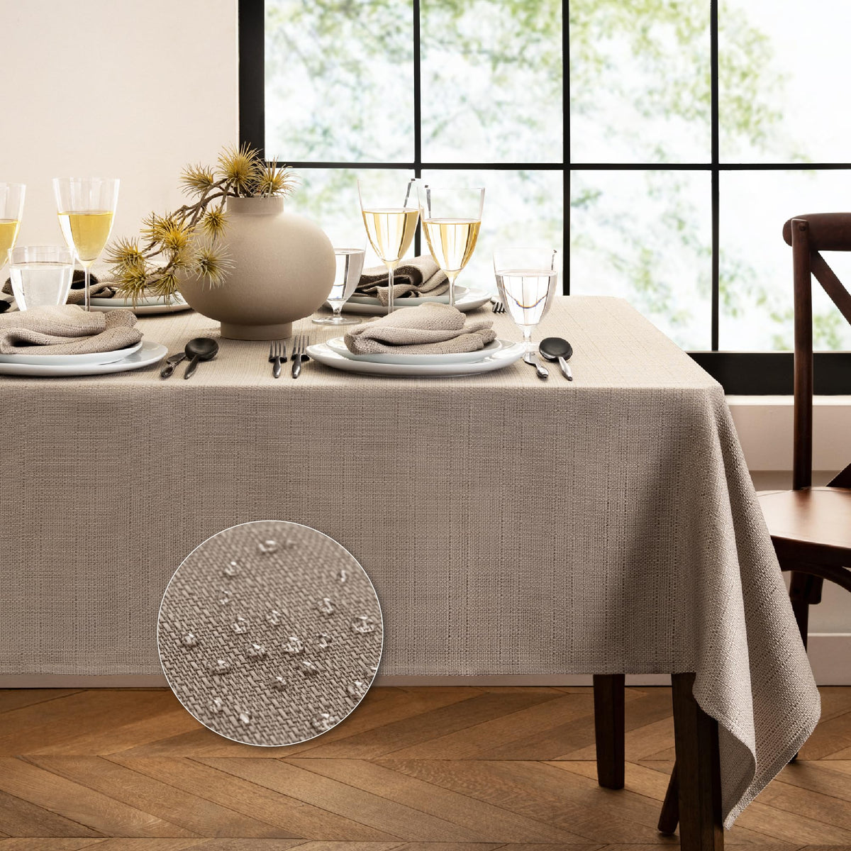 Elrene Home Fashions Laurel Solid Texture Water and Stain Resistant Tablecloth, 90" Round, Gray