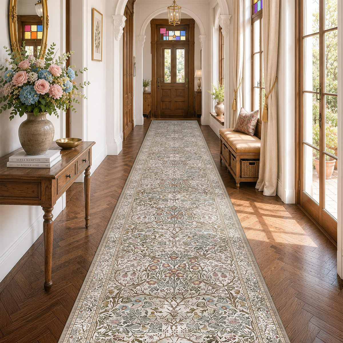 Vintage Floral Dark Green 3x5 Area Rugs for Entryway, Kitchen, Bedroom Beside Rug, Laundry Room, Non-Slip Low Pile Ultra Soft Stain Resistant Small Carpet
