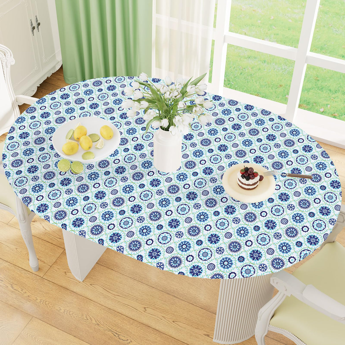misaya Round Fitted Tablecloth with Elastic Edge, 100% Waterproof Oil Proof Plastic Table Cover, Vinyl Flannel Backed Tablecloth Fits 36"-44" Round Tables for Dinner, Outdoor, Picnic, Flowers