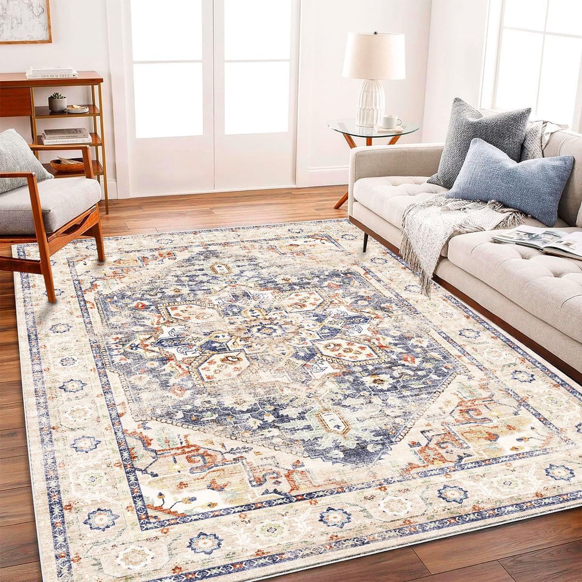 CHAMPLANT 6'x9' Washable Vintage Area Rug Boho Chic Medallion Distressed Design Non-Shedding Easy Care Ideal for High Traffic Areas in Living Room Bedroom Kitchen Office Large Carpet