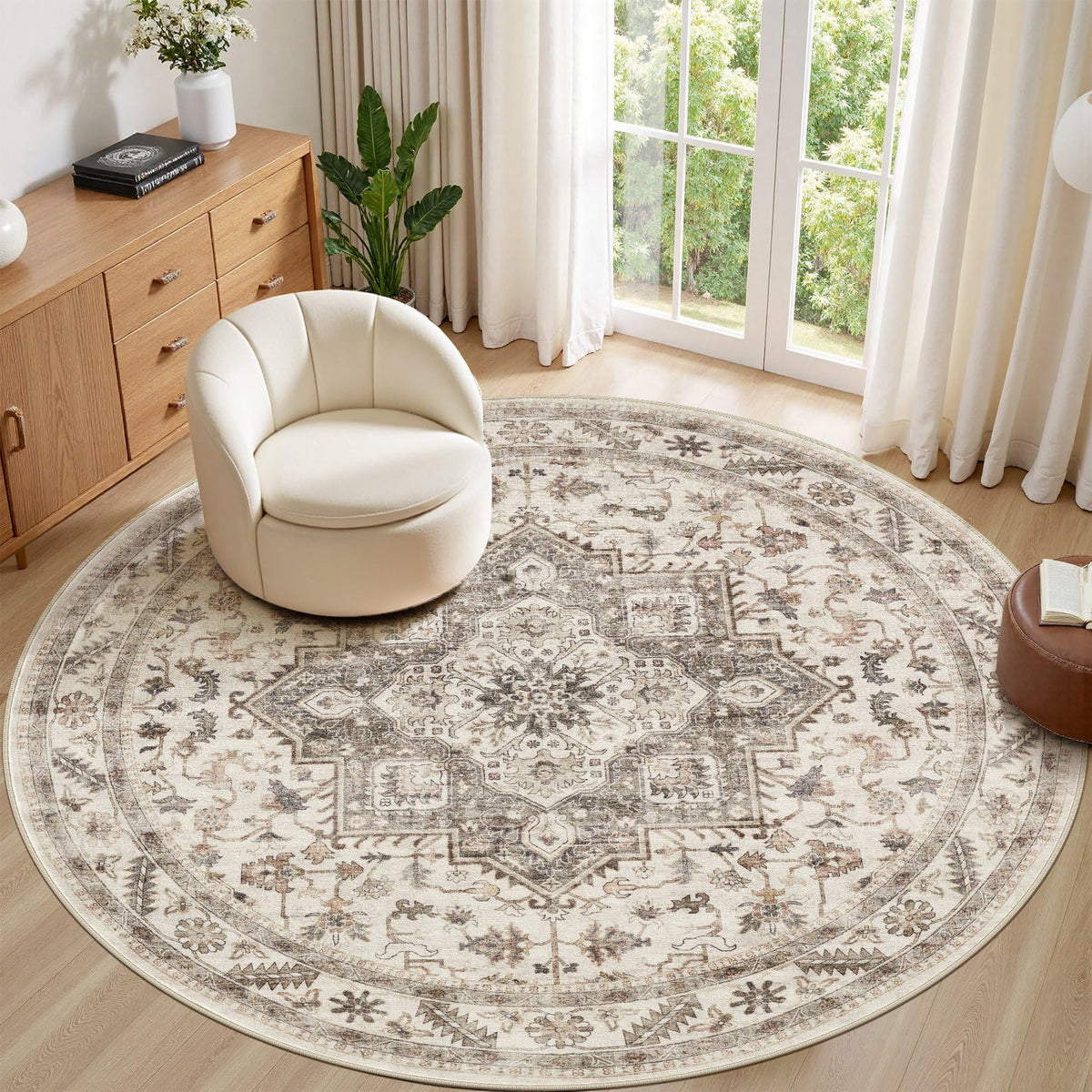 cotiled 5x7 Area Rug for Living Room, Washable, Traditional, Beige