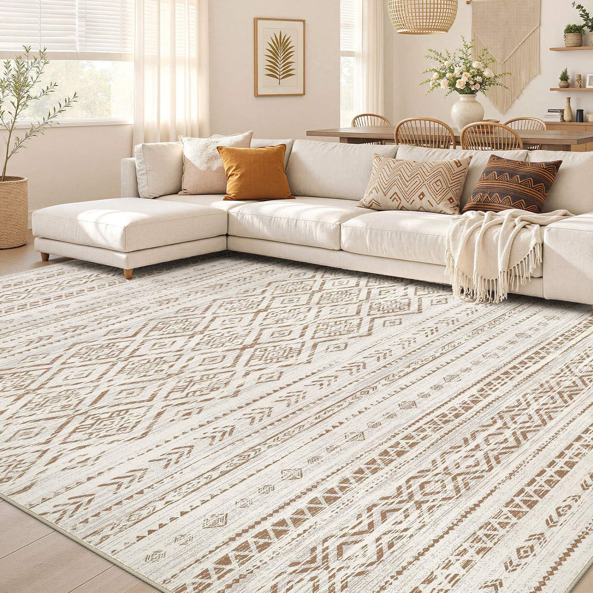 Nakagishi Boho 5x7 Area Rug Living Room Rugs Machine Washable Beige/Brown