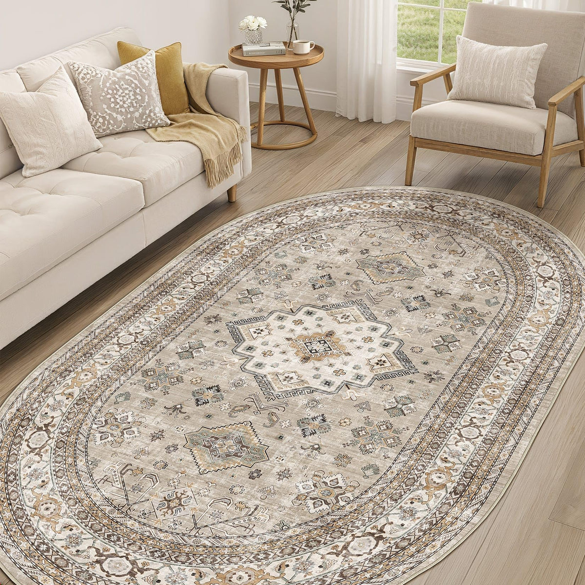 cotiled 5x7 Area Rug for Living Room, Washable, Traditional, Beige