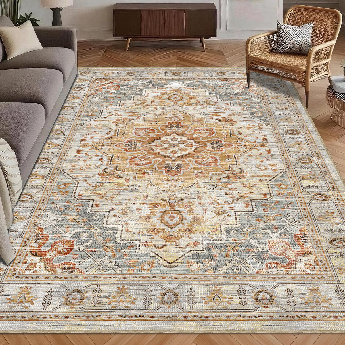 Washable Area Rug 5' x 7' Vintage Traditional Persian Mat - Foldable Distressed Non-Slip Machine Washable Carpet for Living Room Bedroom Kitchen Home Decor - Graphite and Mist