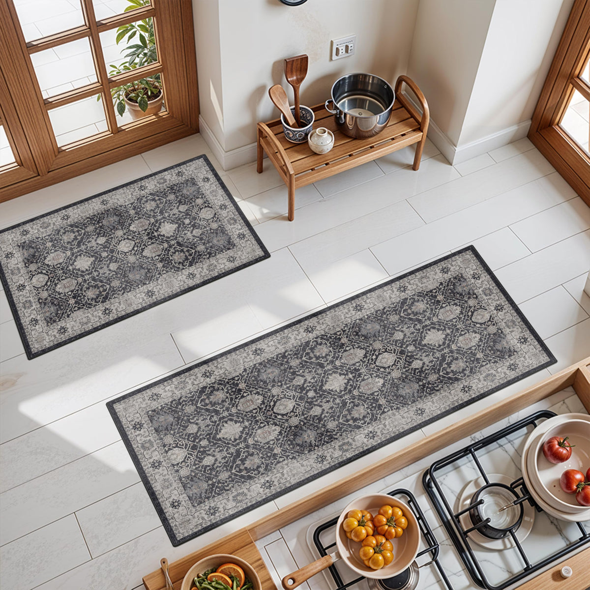 Hallway Washable Runner Rug - 2x10 Kitchen Rugs Entryway Rug Runner Vintage Soft Floor Mat Non Slip Indoor Farmhouse Carpet for Bathroom Living Room Bedroom (2 X 10, Beige)
