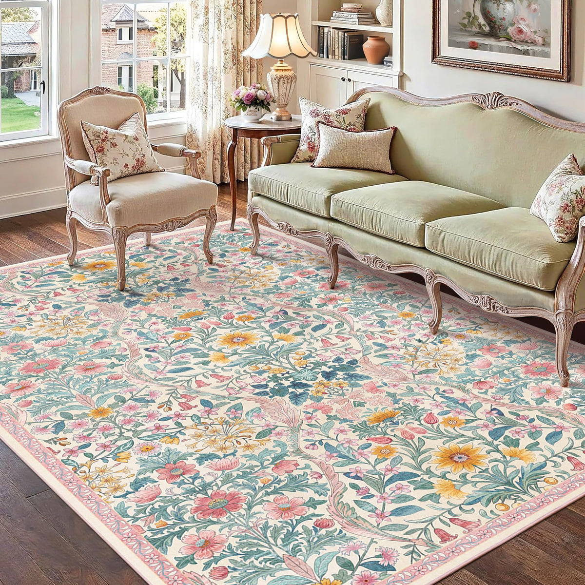 Floral Area Rug 5x7 Botanical Washable Carpet for Living Room