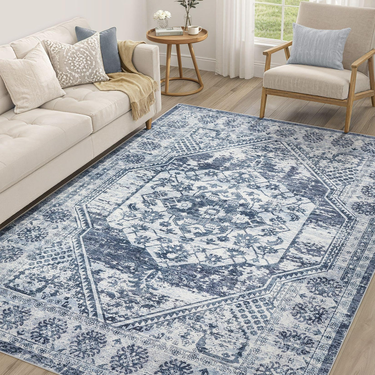 cotiled 5x7 Area Rug for Living Room, Washable, Traditional, Beige