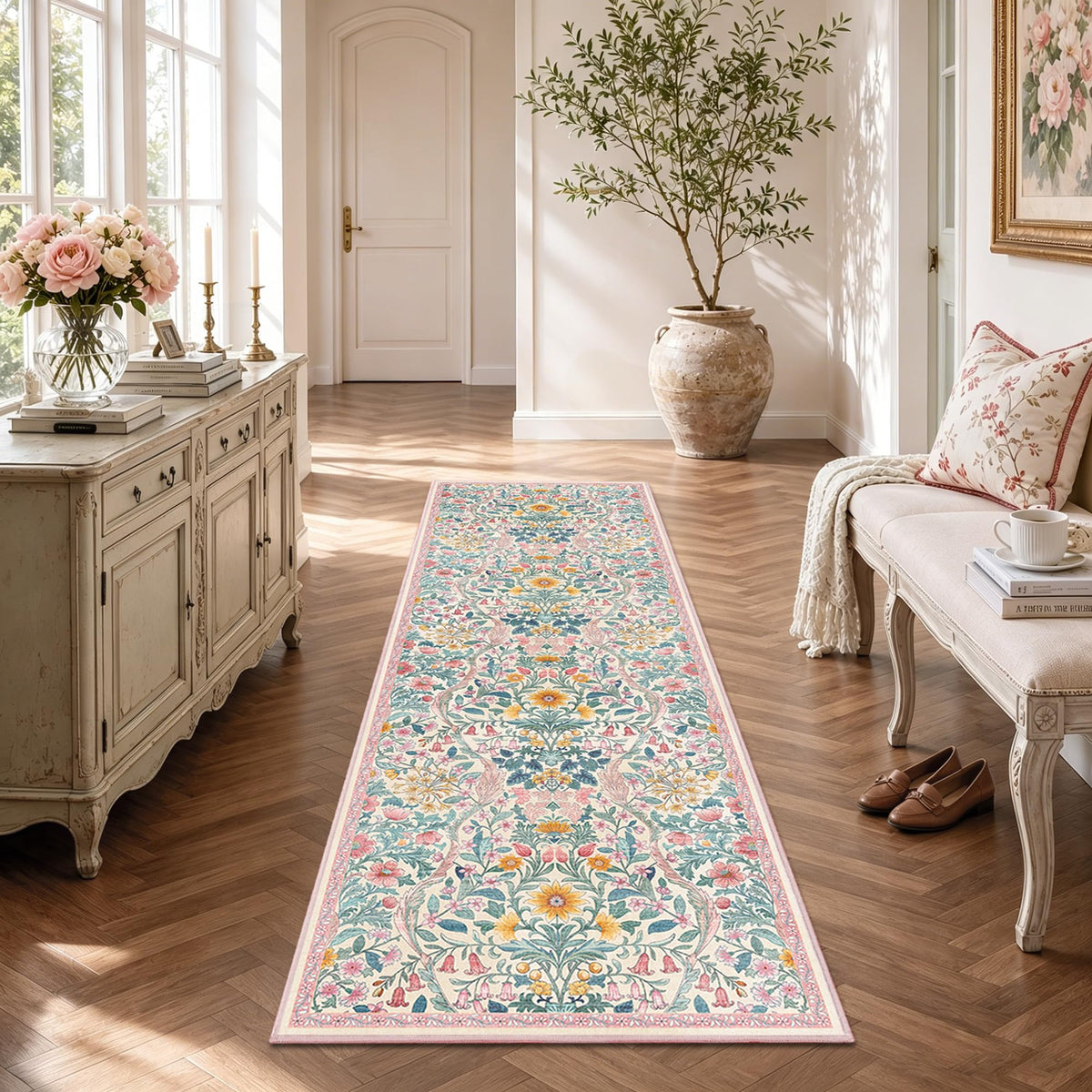 Floral Area Rug 5x7 Botanical Washable Carpet for Living Room