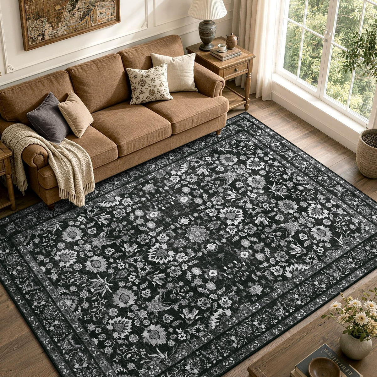 6x9 Ft Large Area Rugs for Living Room, Soft Non-Slip Machine Washable Rug, Vintage Stain Resistant Carpets for Bedroom Nursery Dining Room Home Decor (Beige)