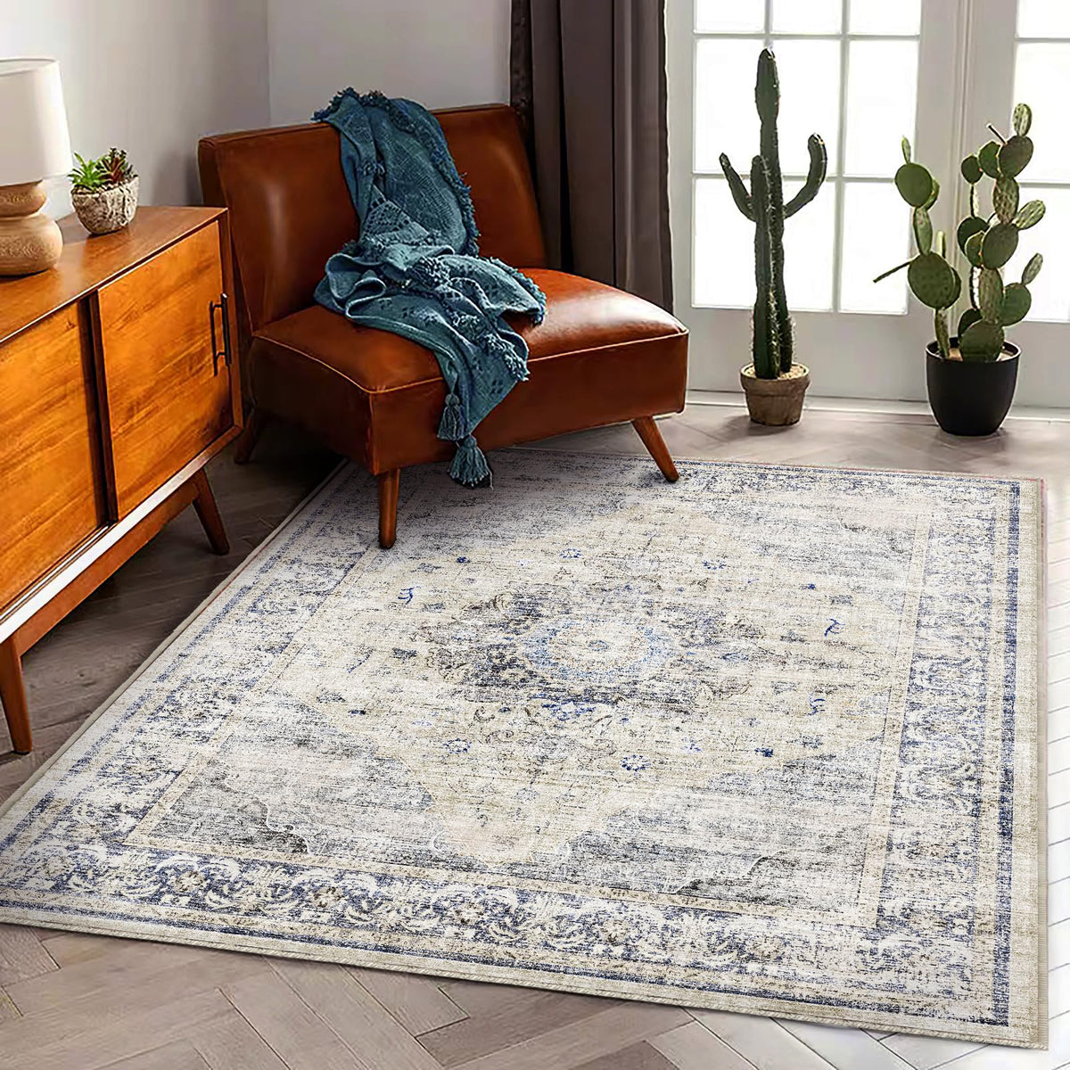 CHAMPLANT 6'x9' Washable Vintage Area Rug Boho Chic Medallion Distressed Design Non-Shedding Easy Care Ideal for High Traffic Areas in Living Room Bedroom Kitchen Office Large Carpet