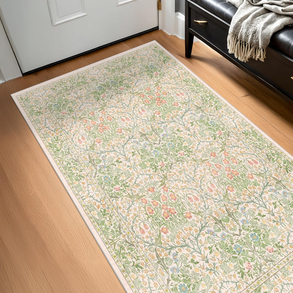 Vintage Floral Dark Green 3x5 Area Rugs for Entryway, Kitchen, Bedroom Beside Rug, Laundry Room, Non-Slip Low Pile Ultra Soft Stain Resistant Small Carpet