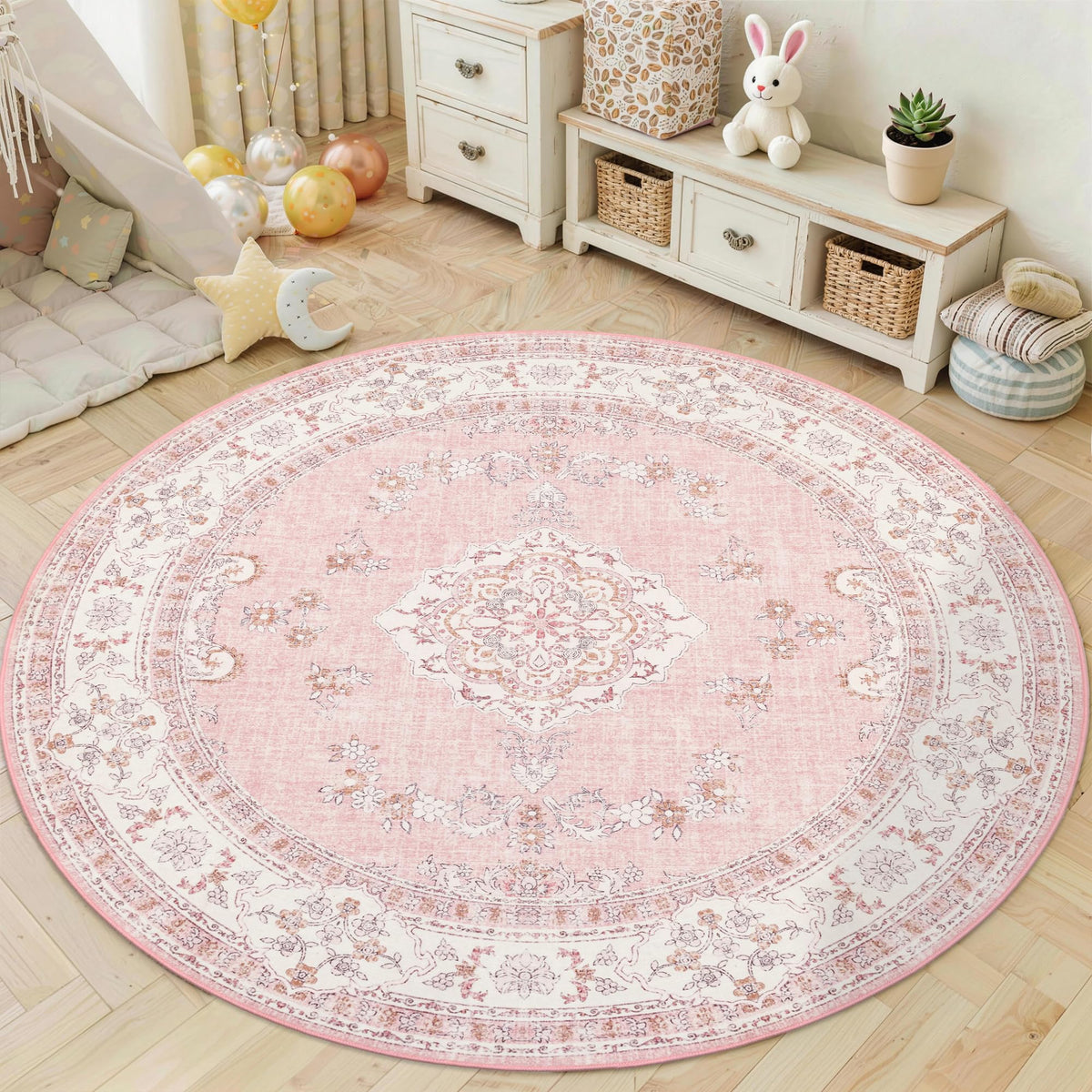 Soft Pink Rug for Girls Room: 5x8 Vintage Washable Carpet Bedroom Nursery