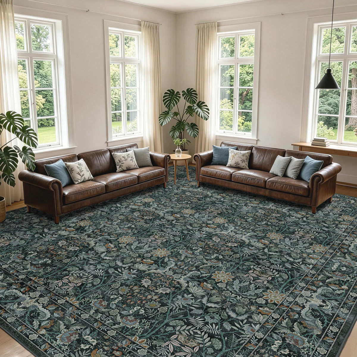 Vintage Botanical Area Rug 8x10: Floral Carpet Non-Slip - Dark Green