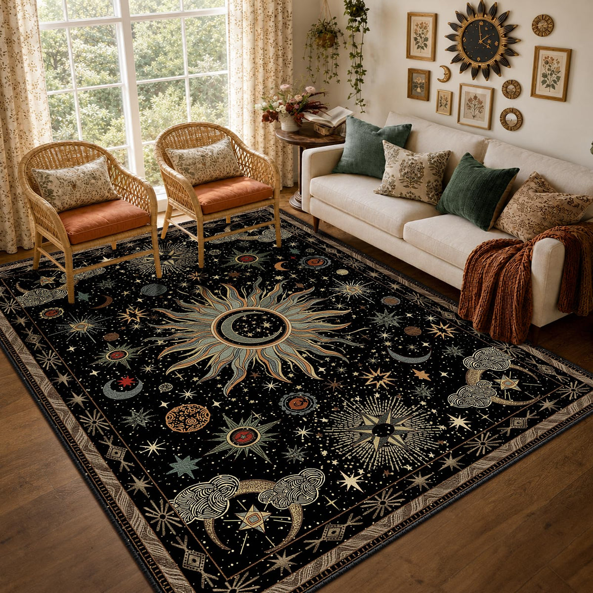 Vacuum-Friendly, 5x7 Washable Area Rug, Black Gold Beige Red