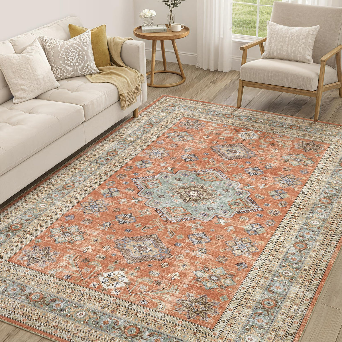 cotiled 5x7 Area Rug for Living Room, Washable, Traditional, Beige