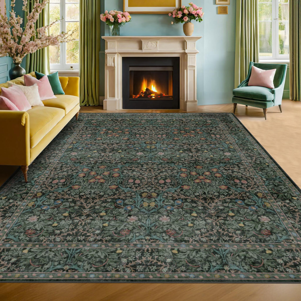 Vintage Floral Dark Green 3x5 Area Rugs for Entryway, Kitchen, Bedroom Beside Rug, Laundry Room, Non-Slip Low Pile Ultra Soft Stain Resistant Small Carpet