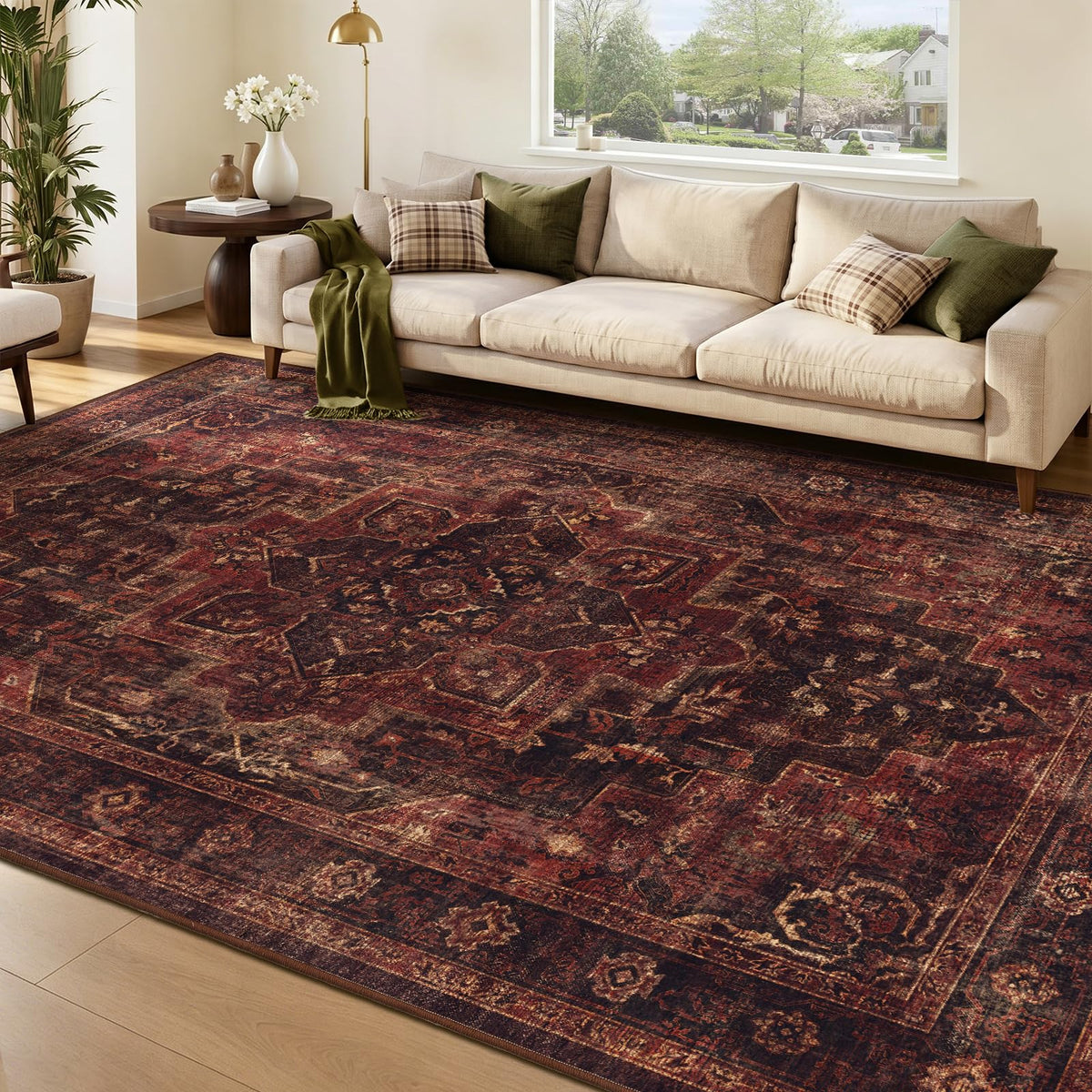 Vintage Dark Green Area Rugs 5x7 for Living Room, Tranditional Distressed Medallion Printed Low Pile Thin Rugs for Bedroom, Non Slip Washable Carpet Rugs for Dining Room/Kitchen/Home Office