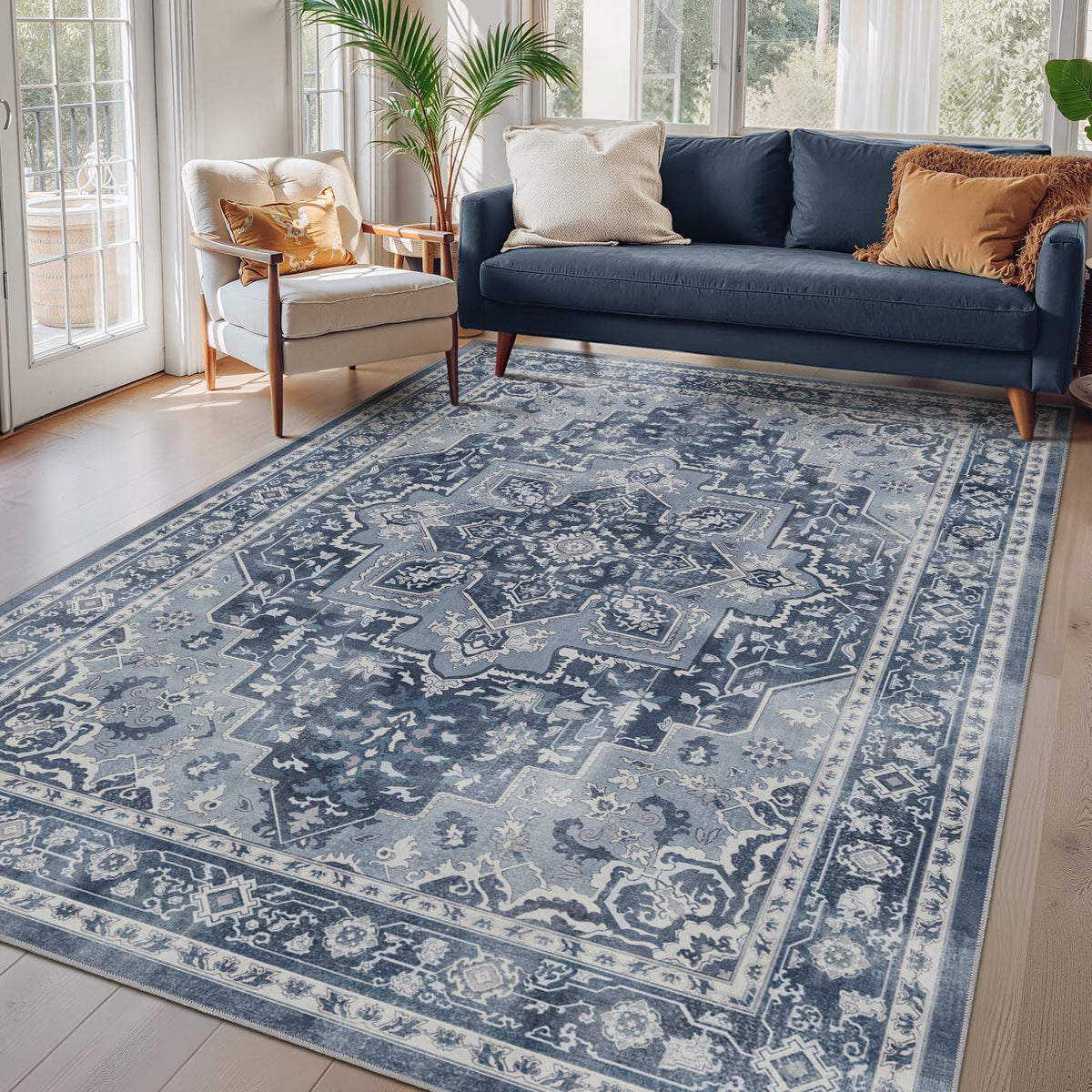 Vintage Dark Green Area Rugs 5x7 for Living Room, Tranditional Distressed Medallion Printed Low Pile Thin Rugs for Bedroom, Non Slip Washable Carpet Rugs for Dining Room/Kitchen/Home Office